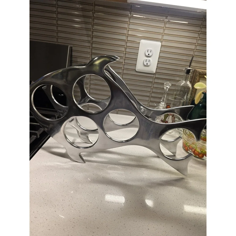 Silver Metal Fish Shaped Countertop Wine Rack Holder Heavy-Duty 5 Bottle